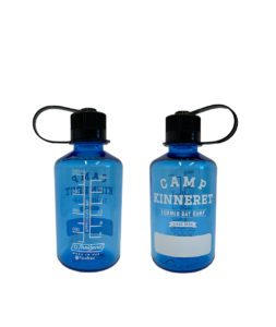 Two blue Nalgene water bottles with black caps and handles, one showing measurement markings and the other labeled "Camp Kinneret Summer Day Camp.