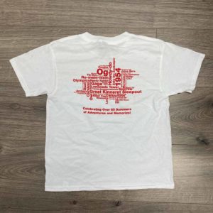 White t-shirt with a red word cloud on the back formed in the shape of a campfire and tent, celebrating "over 65 summers of adventures and memories.