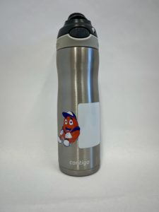 A stainless steel Contigo water bottle with a cartoon orange character dressed in sports attire. The bottle has a black cap and a white label on the front.