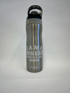 A stainless steel Contigo water bottle with the text "Camp Tinnere Summer Day Camp Since 1954" printed on it.