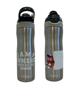 Two stainless steel Contigo water bottles. The left one displays "Camp Winnebago Summer Day Camp" text, and the right one features an illustration of an orange mascot wearing a cap and holding a bat.